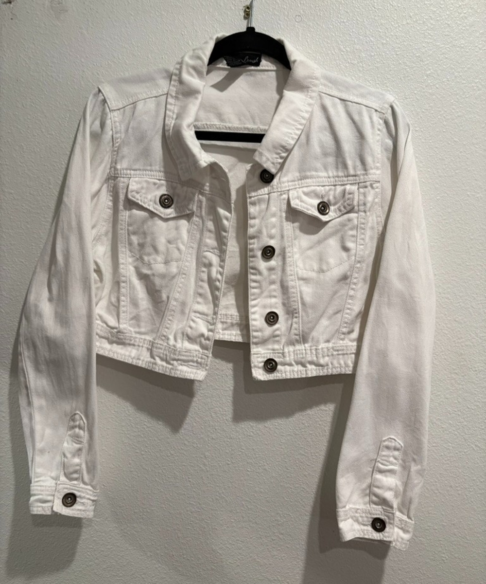 Silver Crush Cropped Denim Trucker Jacket Womens M White Cotton Jean Shrug Coat